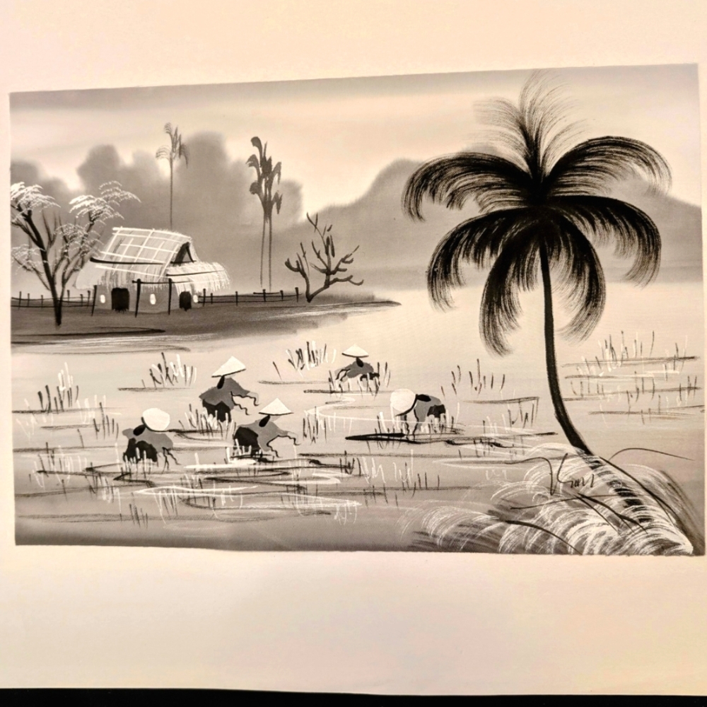 Vintage Black & White Vietnamese Silk Painting – Rice Farming Scene